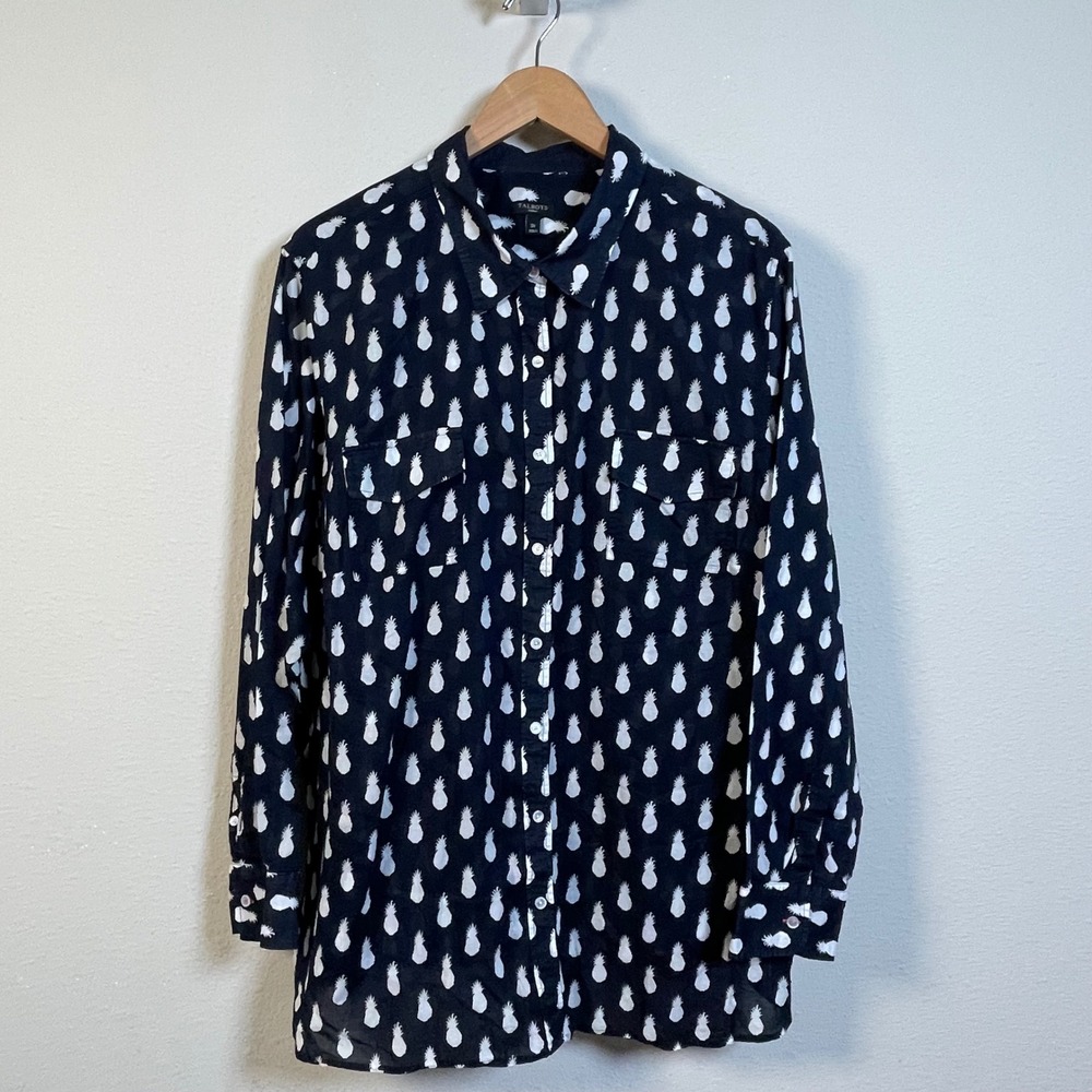 Talbots Pineapple Print Button Up Shirt Women 3X Coastal Blue Cotton Casual